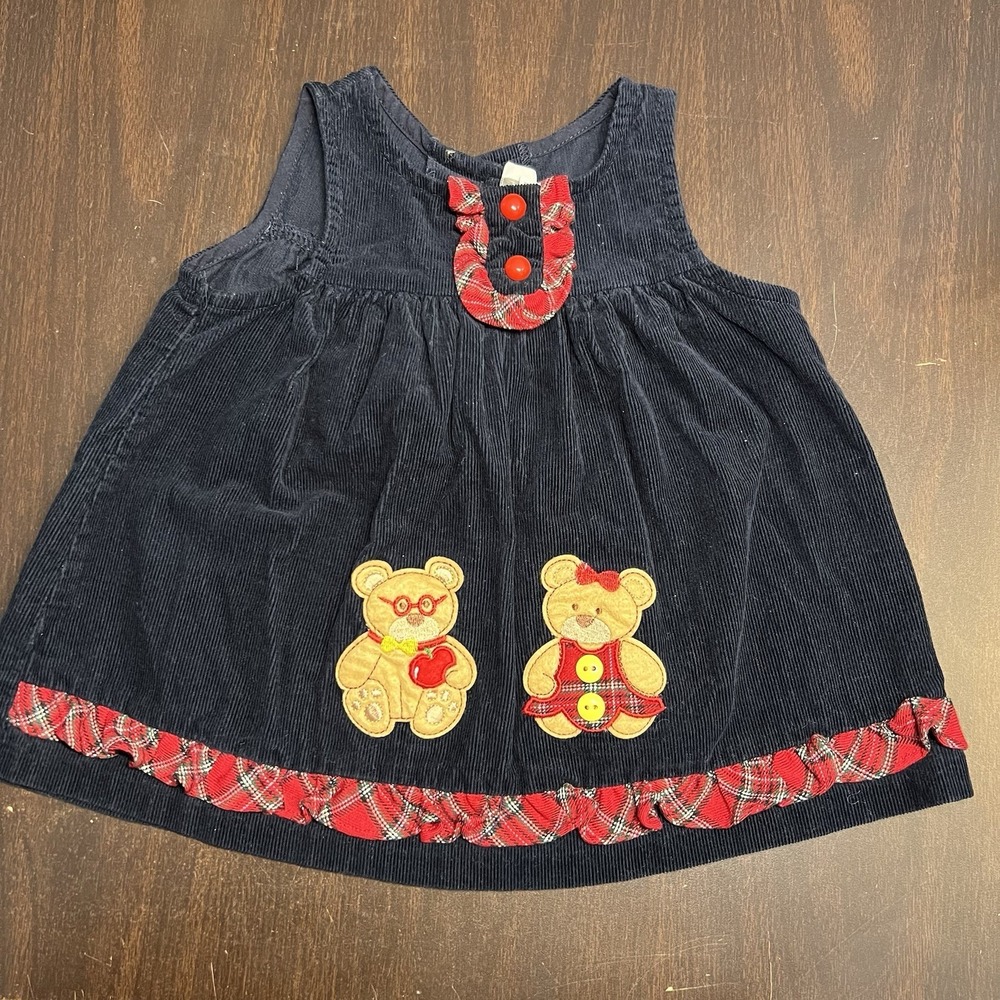Vintage "Rare, Too!" Baby Girls Size 12M Navy Corduroy Bear‎ Jumper Dress EUC